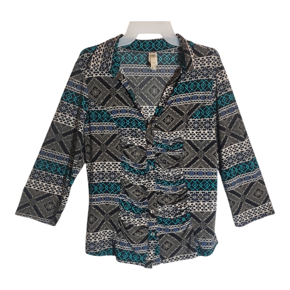 ICY lg bohemian print button down collared shirt long sleeves. 6090